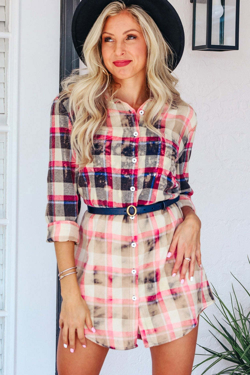 Red Gradient Plaid Print Shirt Short Dress