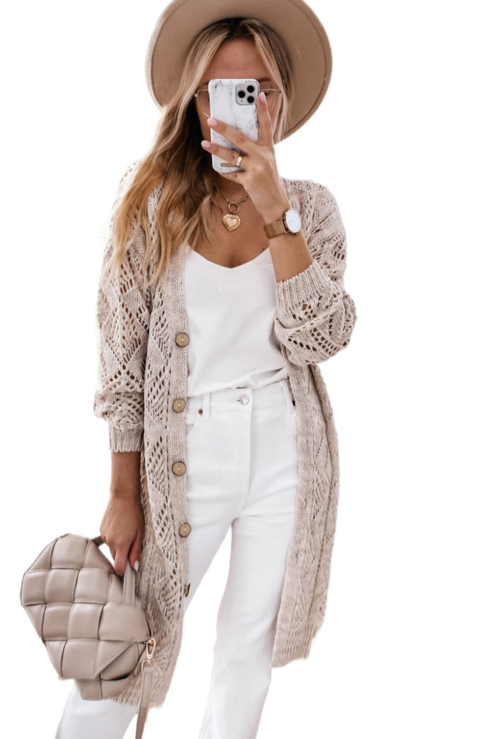 Khaki Hollow-out Openwork Knit Cardigan