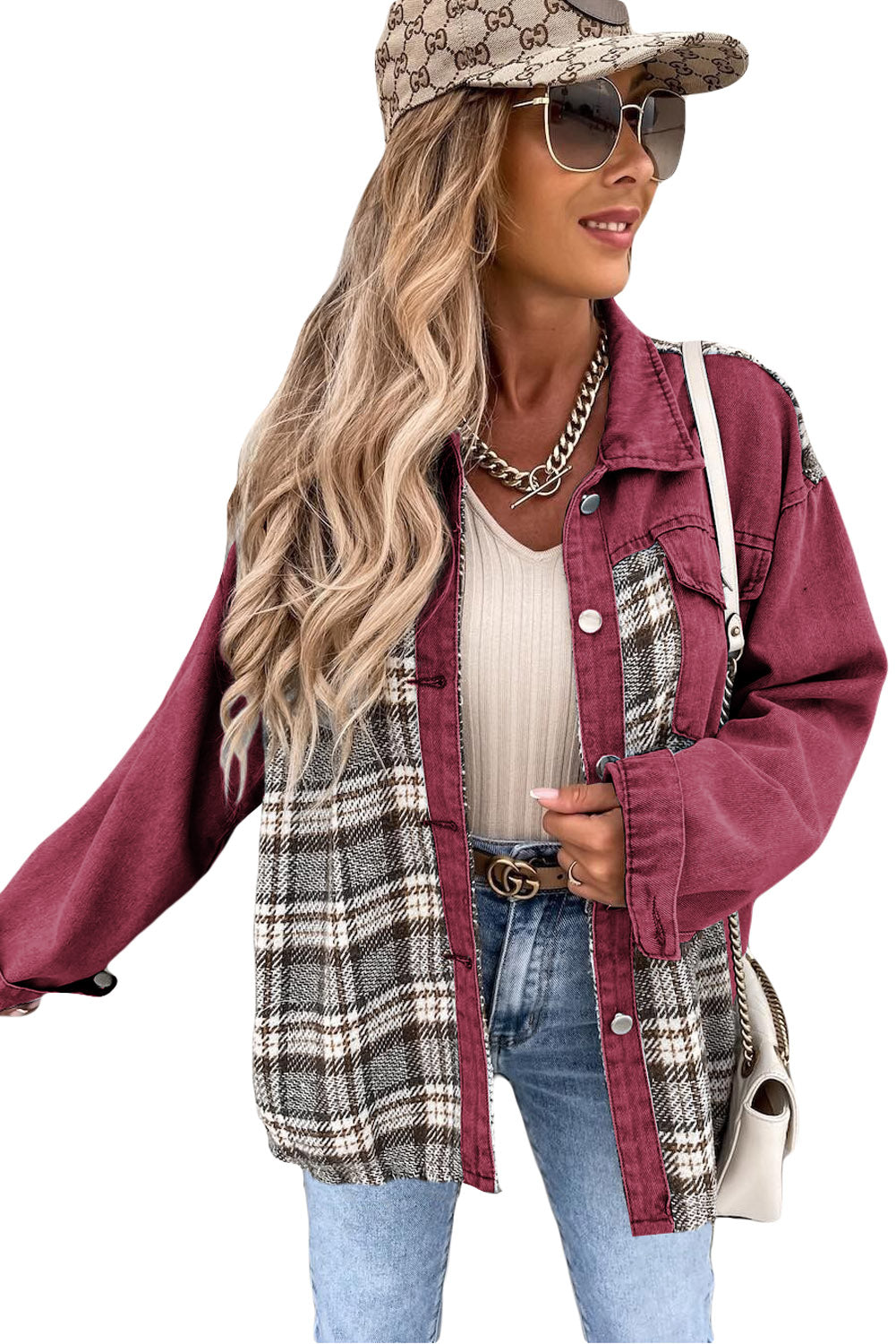 Fiery Red Plaid Patchwork Pockets Denim Jacket