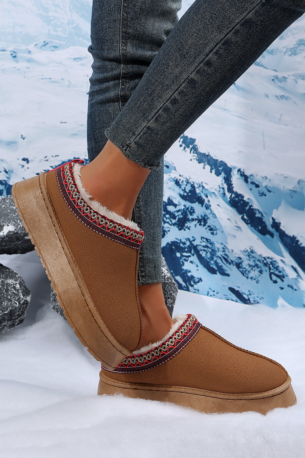 Chestnut Suede Contrast Print Plush Lined Snow Boots