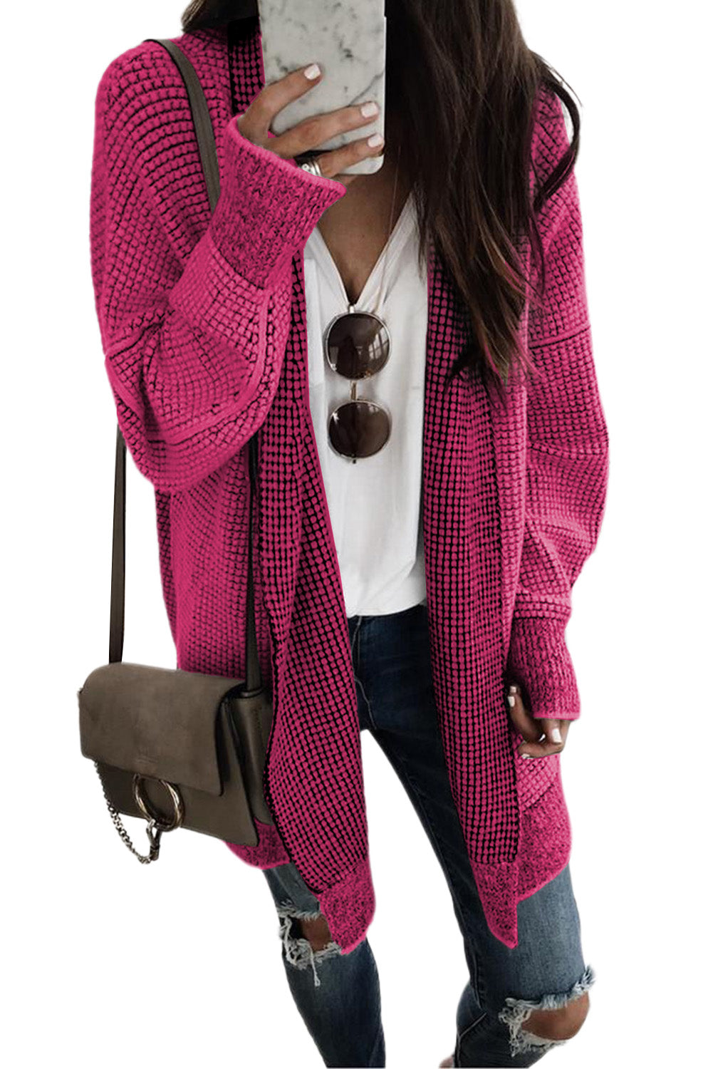 Rose Plaid Knitted Long Open Front Cardigan