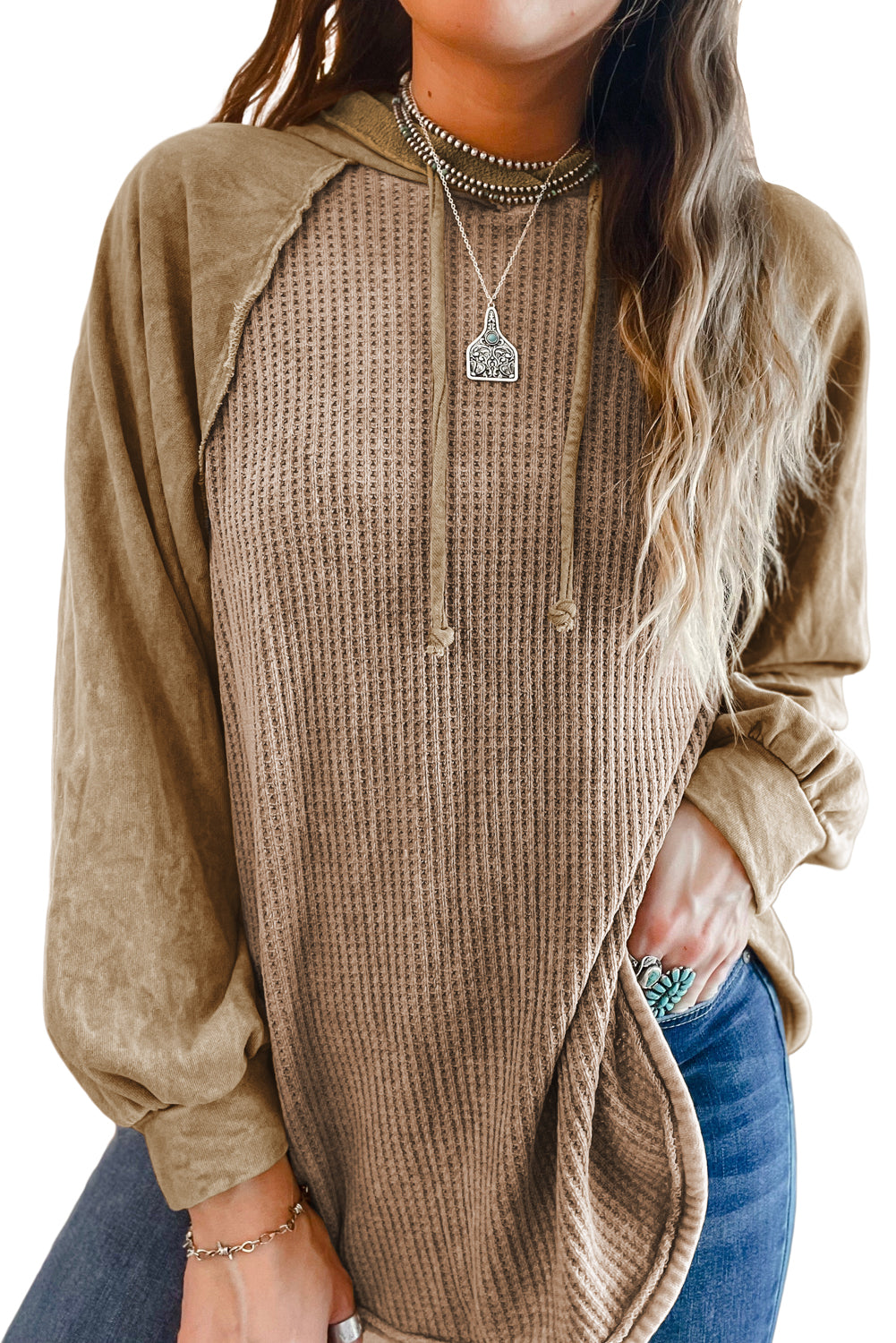 Khaki Waffled Expose Seam Drawstring Hoodie