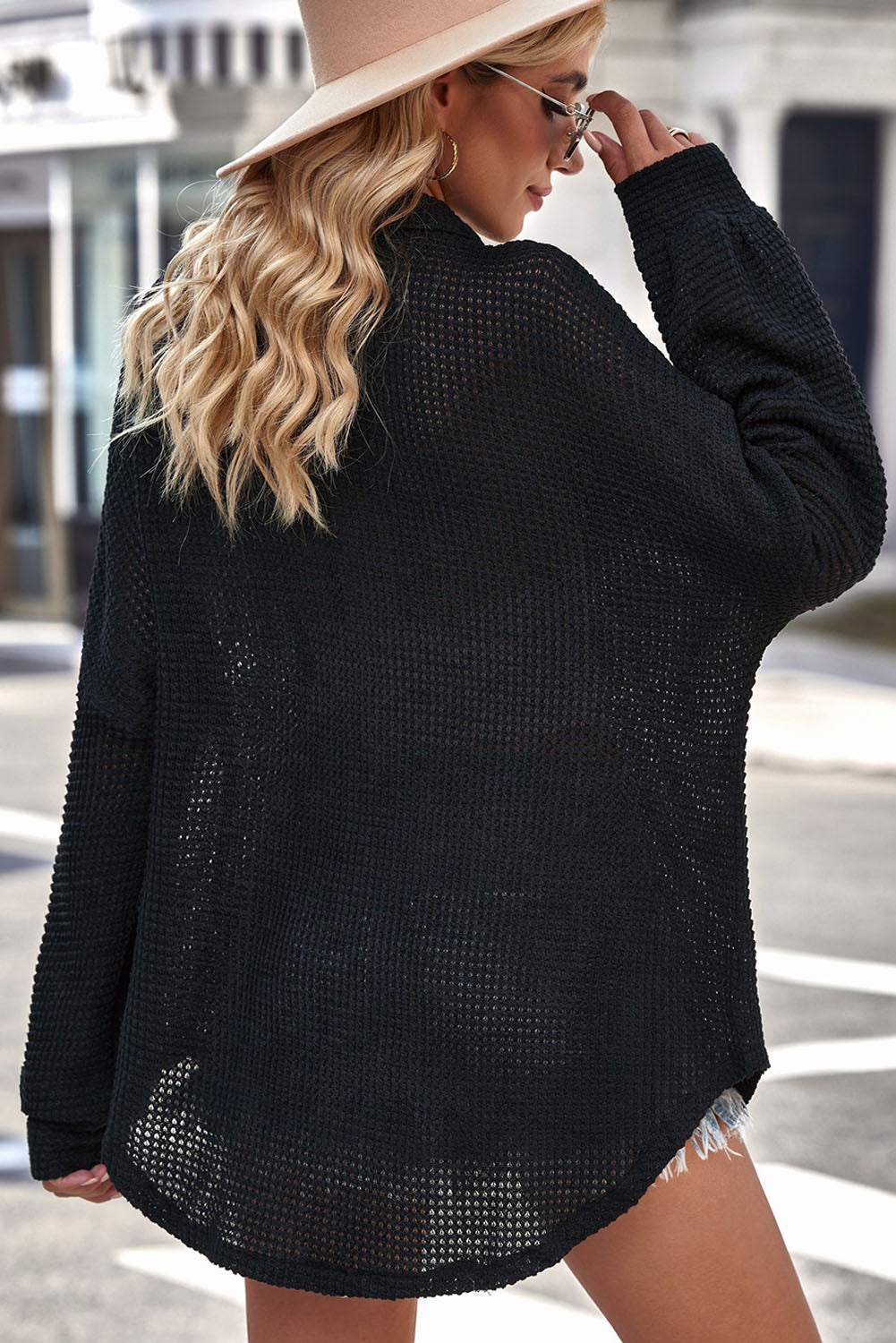 Black Plus Size Chest Pocket Waffle Knit Shirt