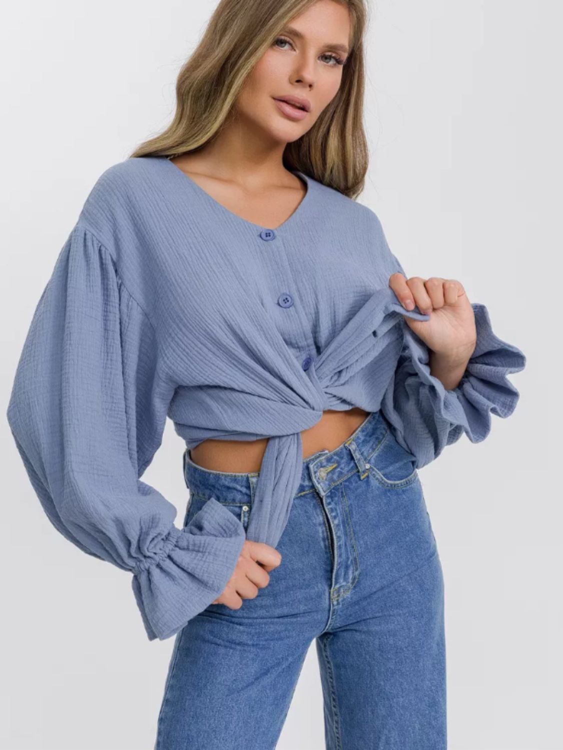 Button Up Flounce Sleeve Shirt