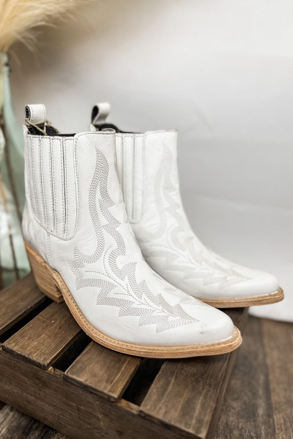 White Embroidered Leather Thick Heel Booties