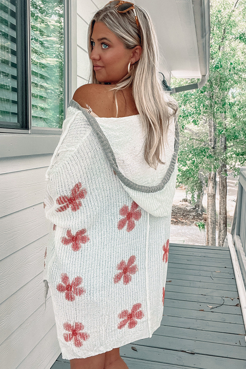 White Floral Print Lightweight Knit Hooded Sweater