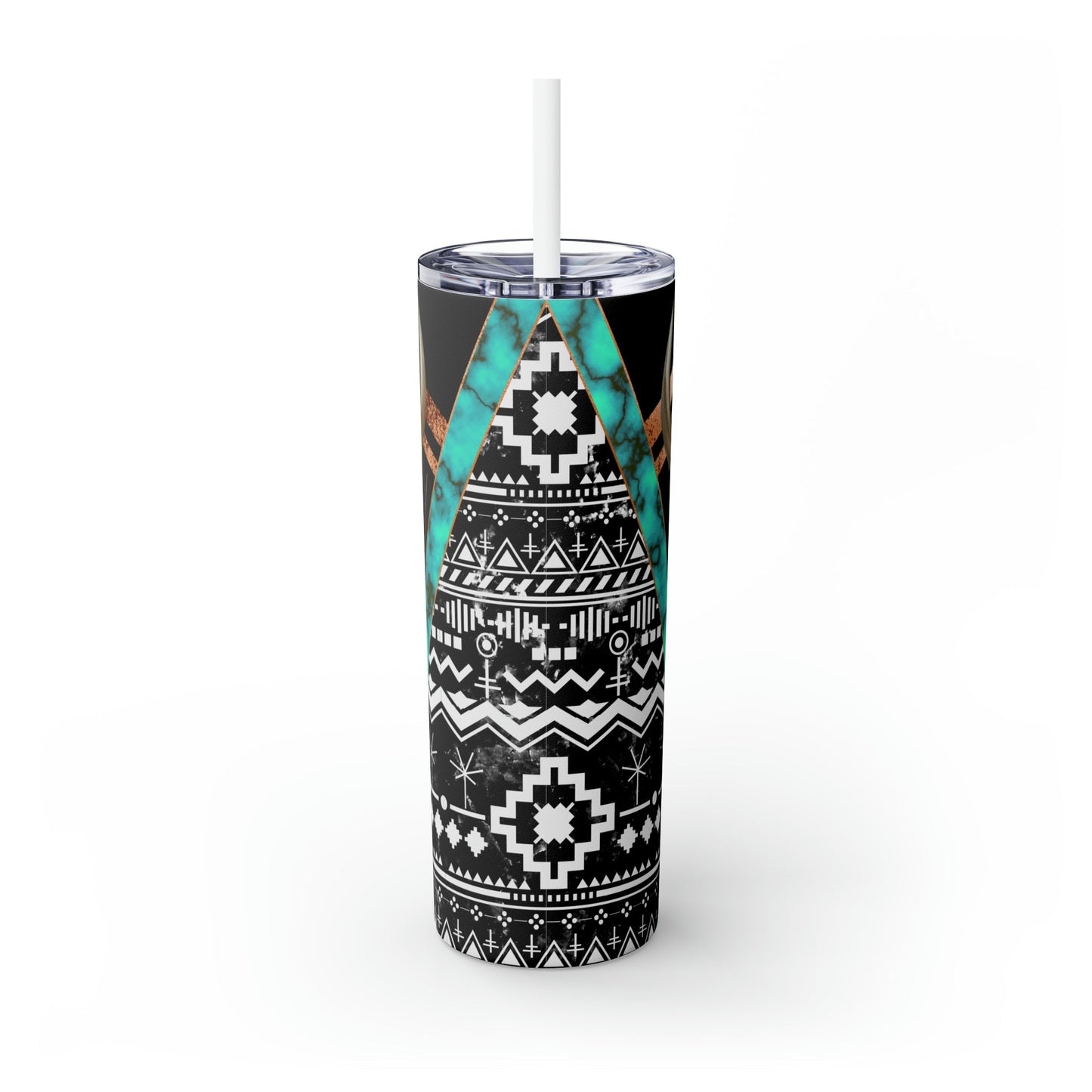 Black Turquoise Skull Skinny Tumbler with Straw, 20oz