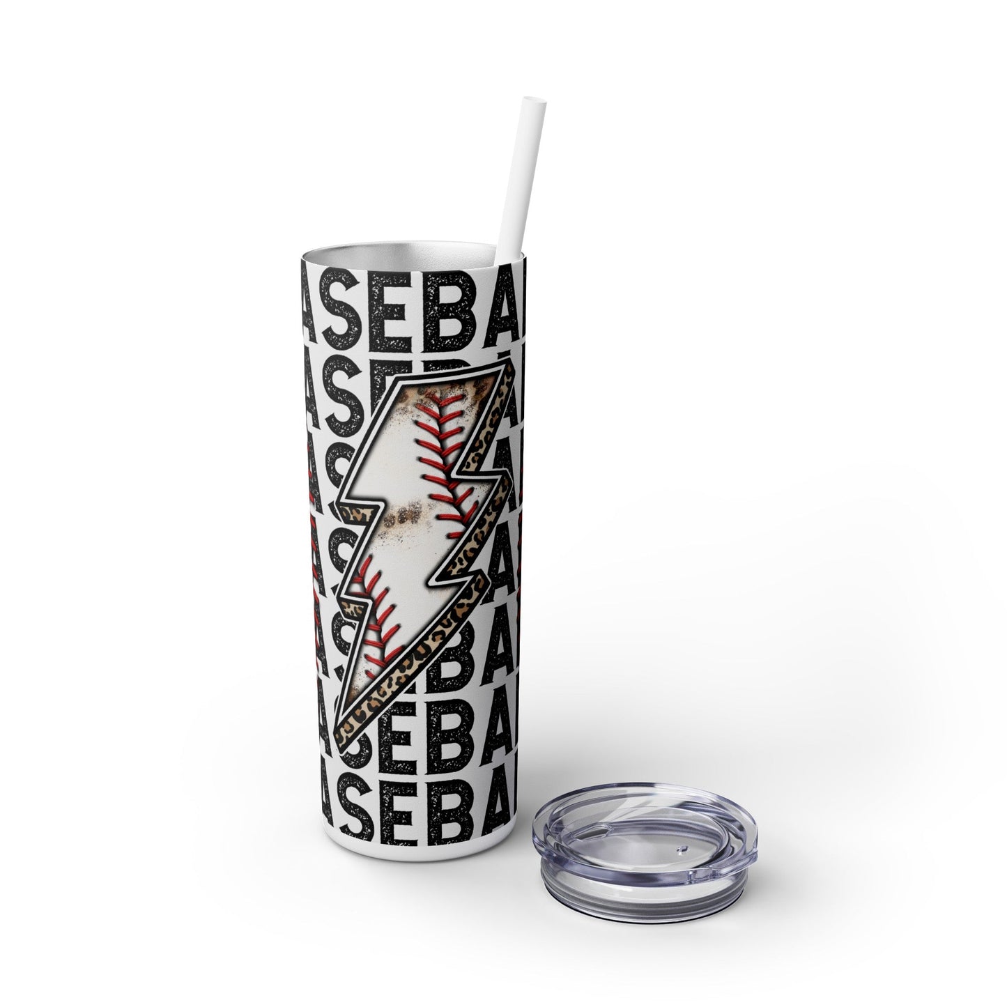 Leopard Baseball Lightning Bolt Skinny Tumbler with Straw, 20oz