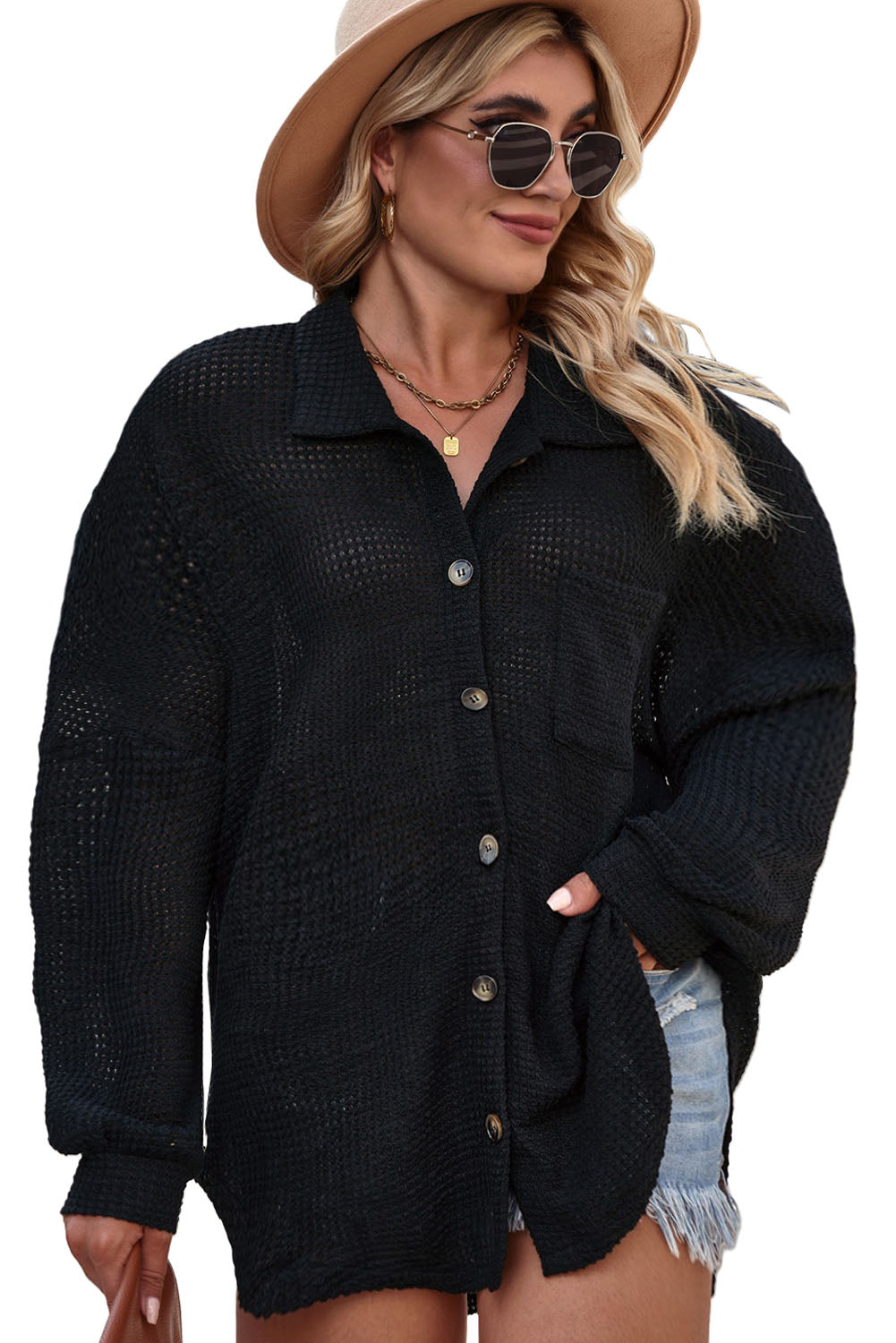 Black Plus Size Chest Pocket Waffle Knit Shirt