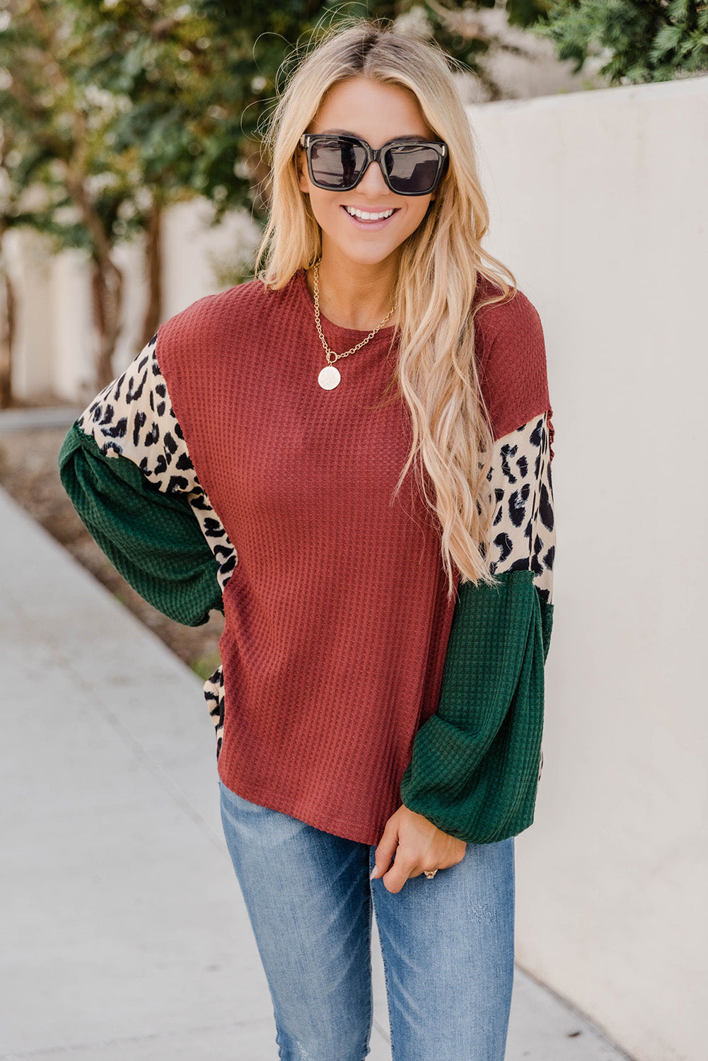 Brown Leopard Splicing Waffle Color Block Puff Sleeve Top