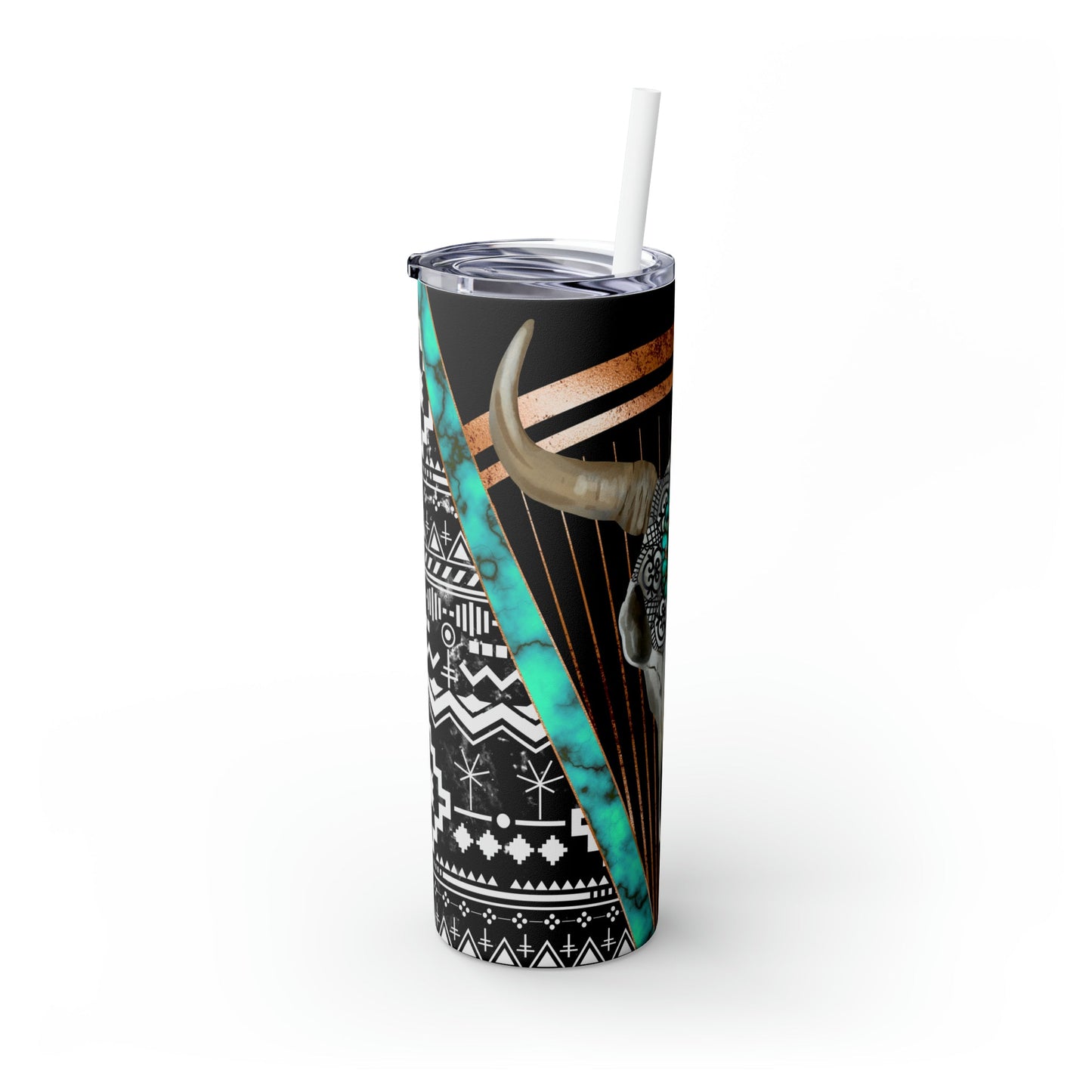 Black Turquoise Skull Skinny Tumbler with Straw, 20oz