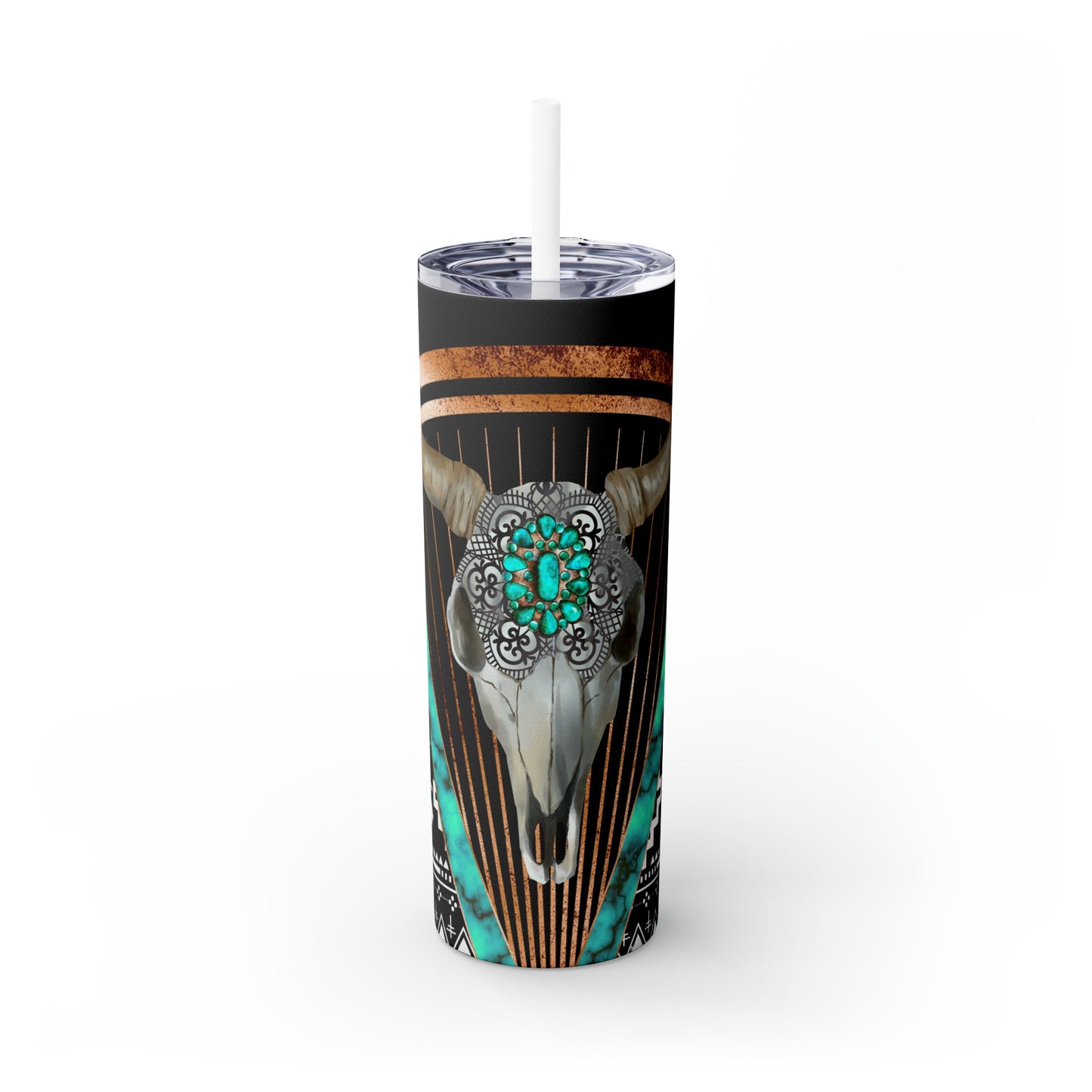 Black Turquoise Skull Skinny Tumbler with Straw, 20oz