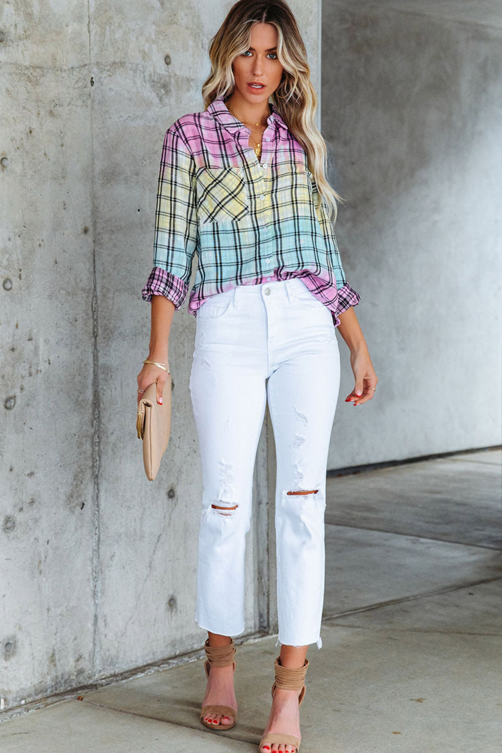 Multicolor Tie Dye Plaid Button Up Shirt