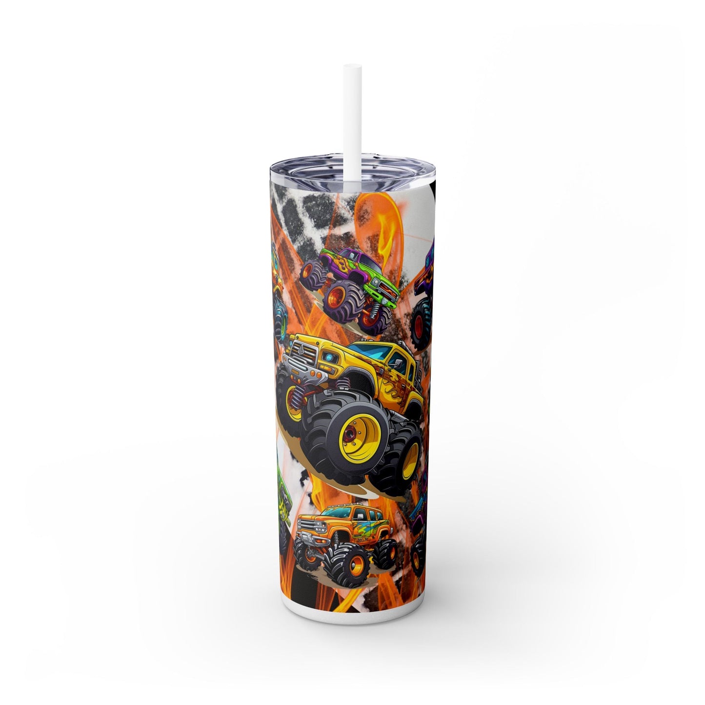 Monster Truck Flames Skinny Tumbler with Straw, 20oz