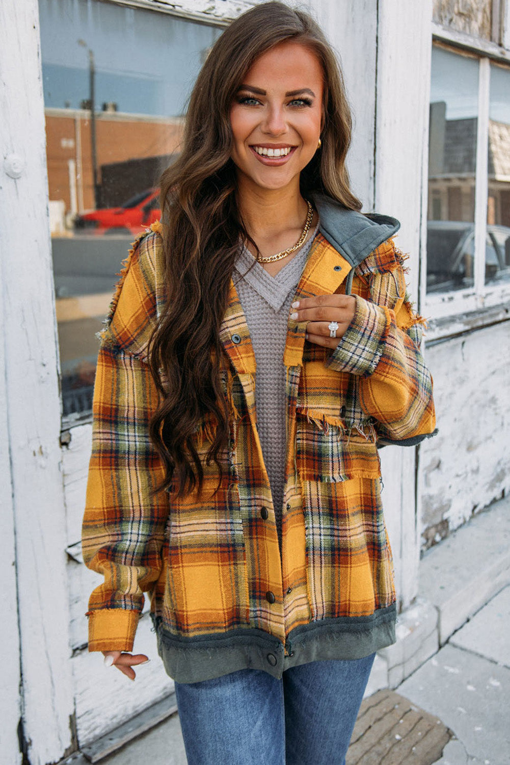 Orange Plaid Patch Hooded Frayed Snap Button Jacket