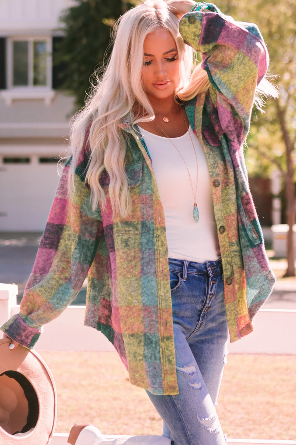 Multicolor Brushed Plaid Pocketed Oversize Shacket