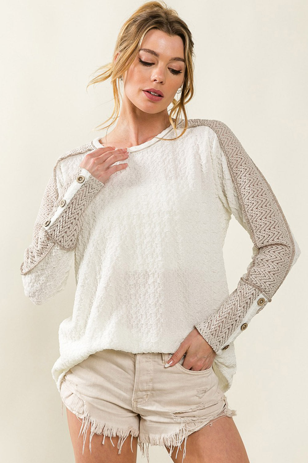 White Exposed Seam Textured Patch Buttoned Sleeve Top