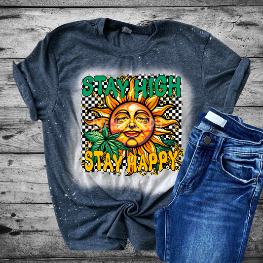 Stay High Stay Happy Bleached Distressed Tee Shirt