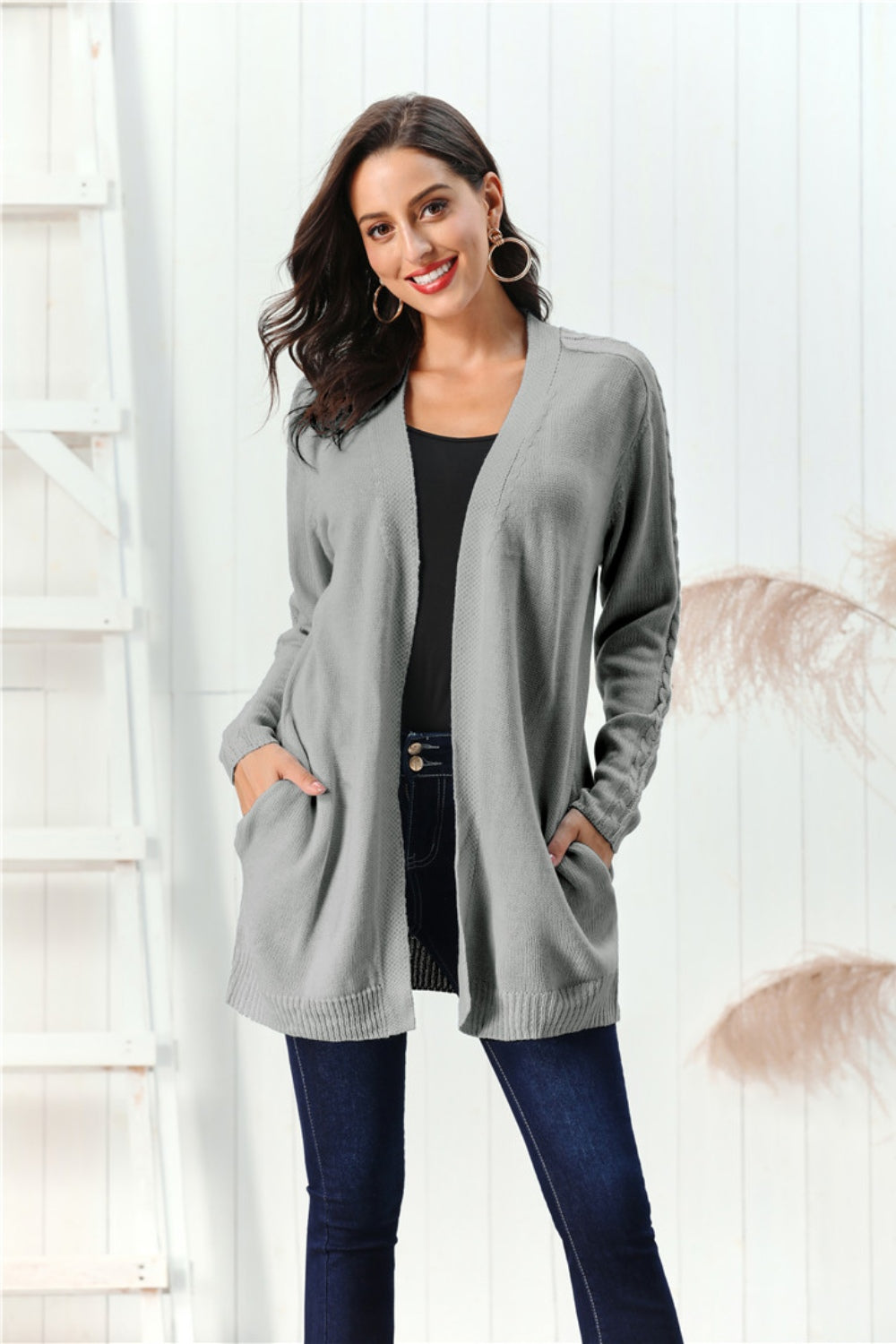 Cable-Knit Open Front Long Sleeve Cardigan