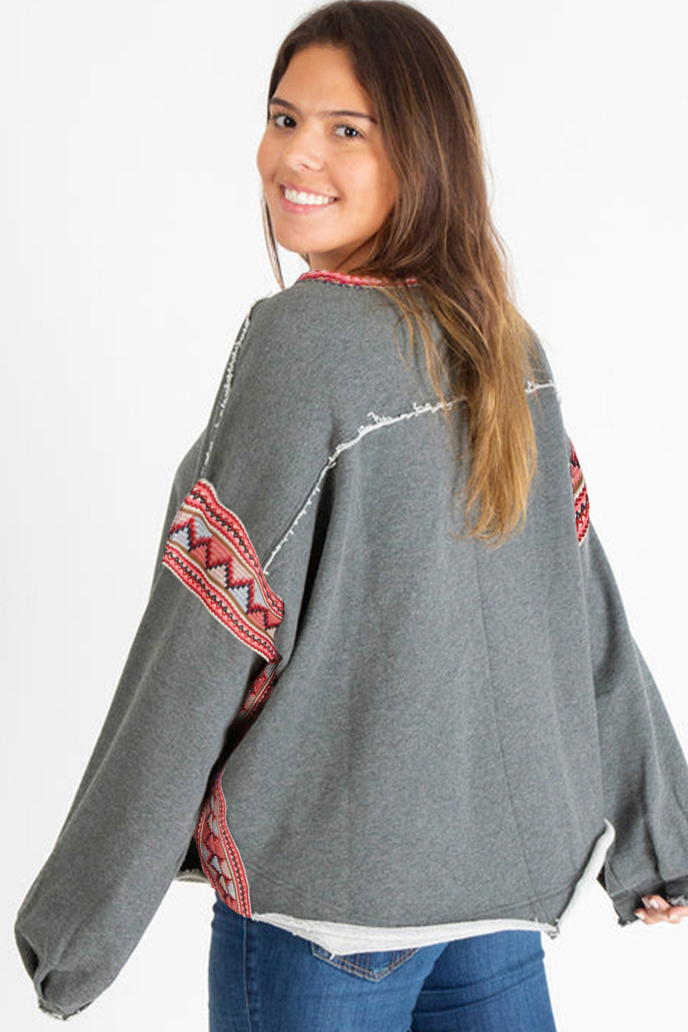 Gray Boho Print Patch Sleeve Raw Edge Sweatshirt