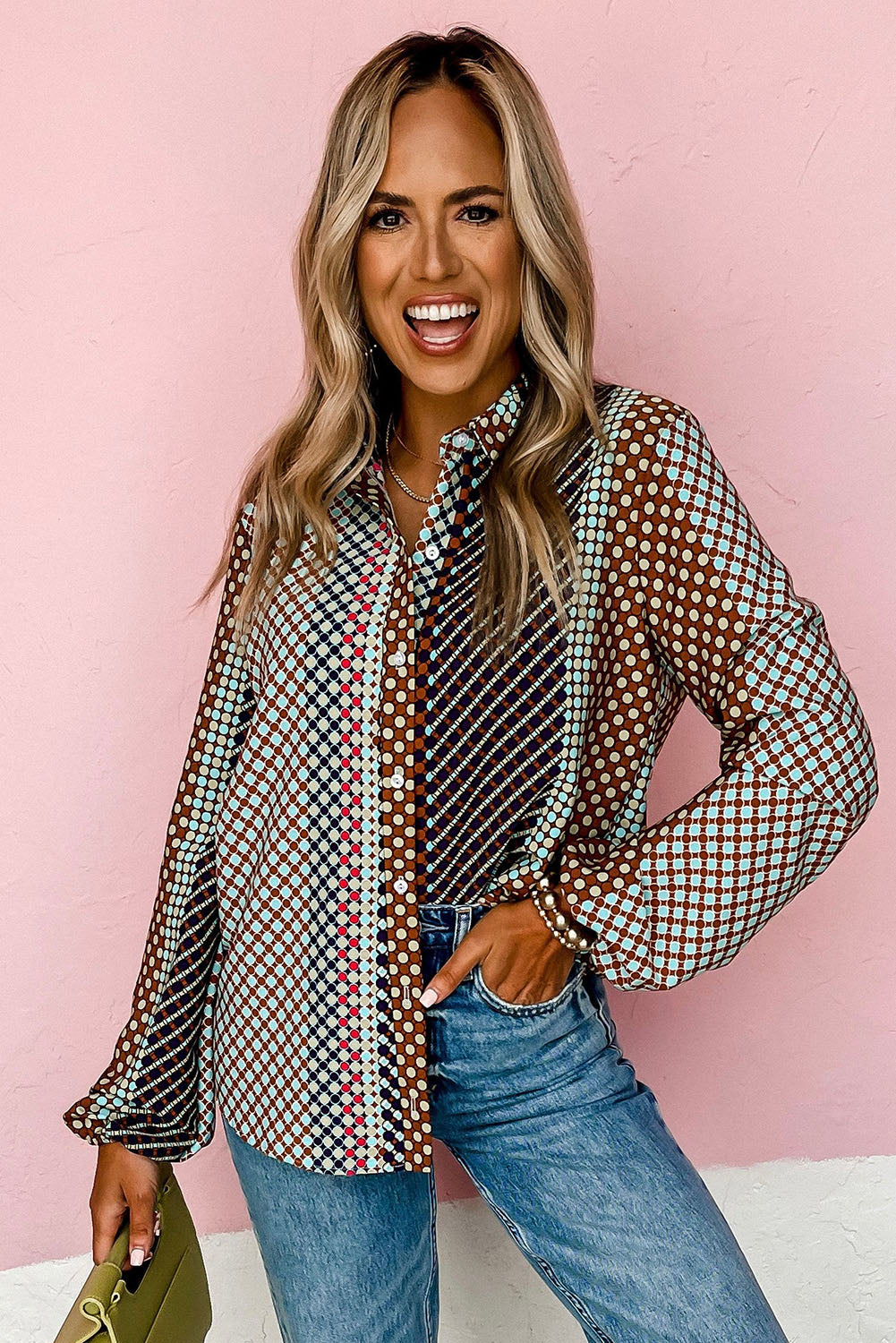 Brown Dot Print Long Sleeve Button Down Shift Shirt