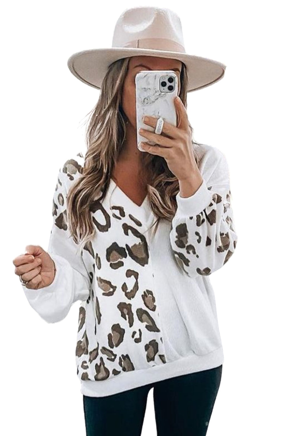 White Leopard Patchwork V Neck Long Sleeve Top