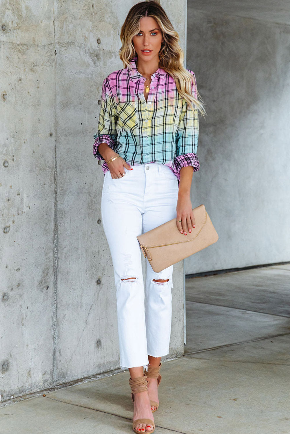 Multicolor Tie Dye Plaid Button Up Shirt