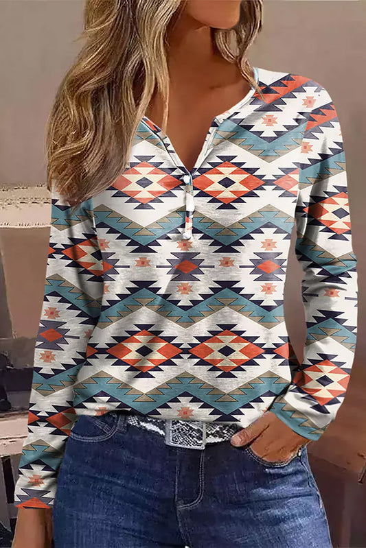 White Aztec Geometric Print Long Sleeve Henley Top