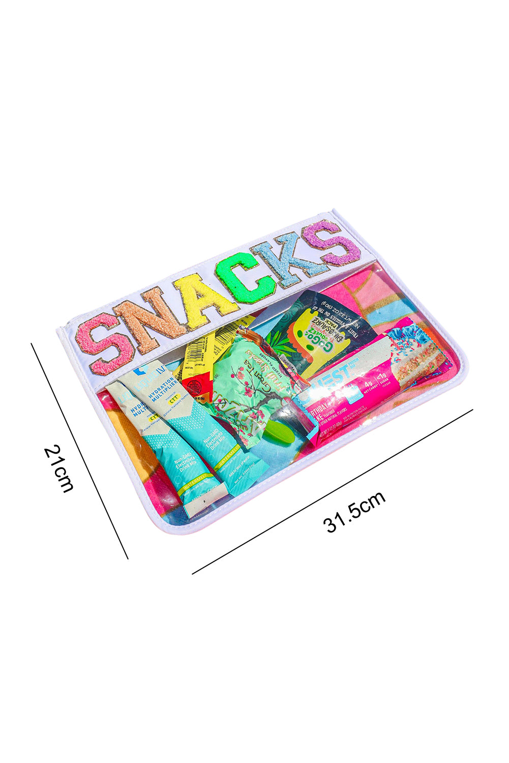 White SNACKS Chenille Letters Zipped Clear Pouch