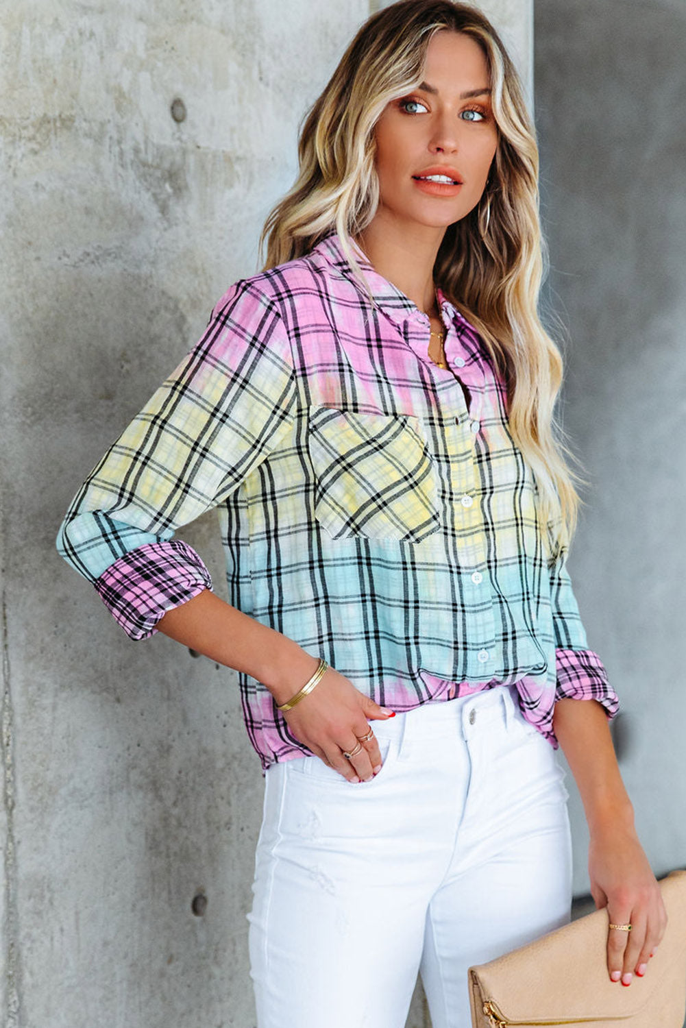 Multicolor Tie Dye Plaid Button Up Shirt