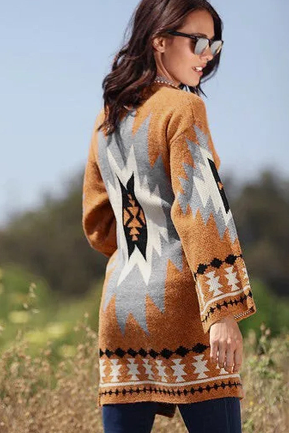 Gold Flame Aztec Graphic Open-Front Cardigan