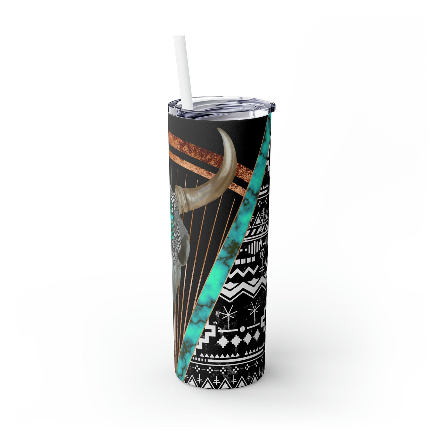 Black Turquoise Skull Skinny Tumbler with Straw, 20oz