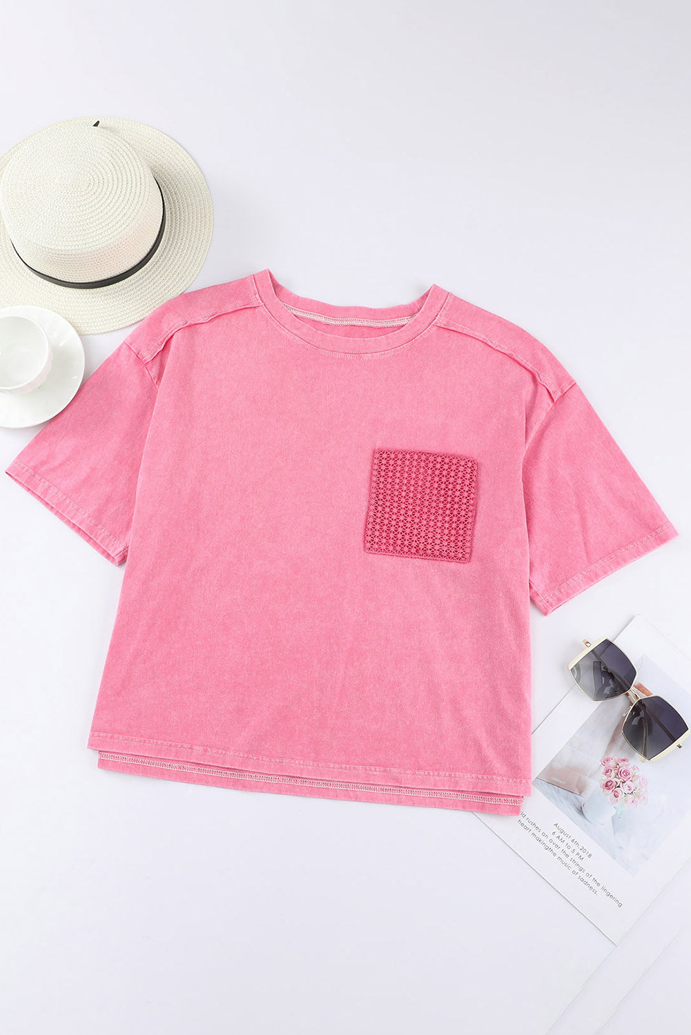 Pink Acid Wash Lace Patch Pocket T-Shirt