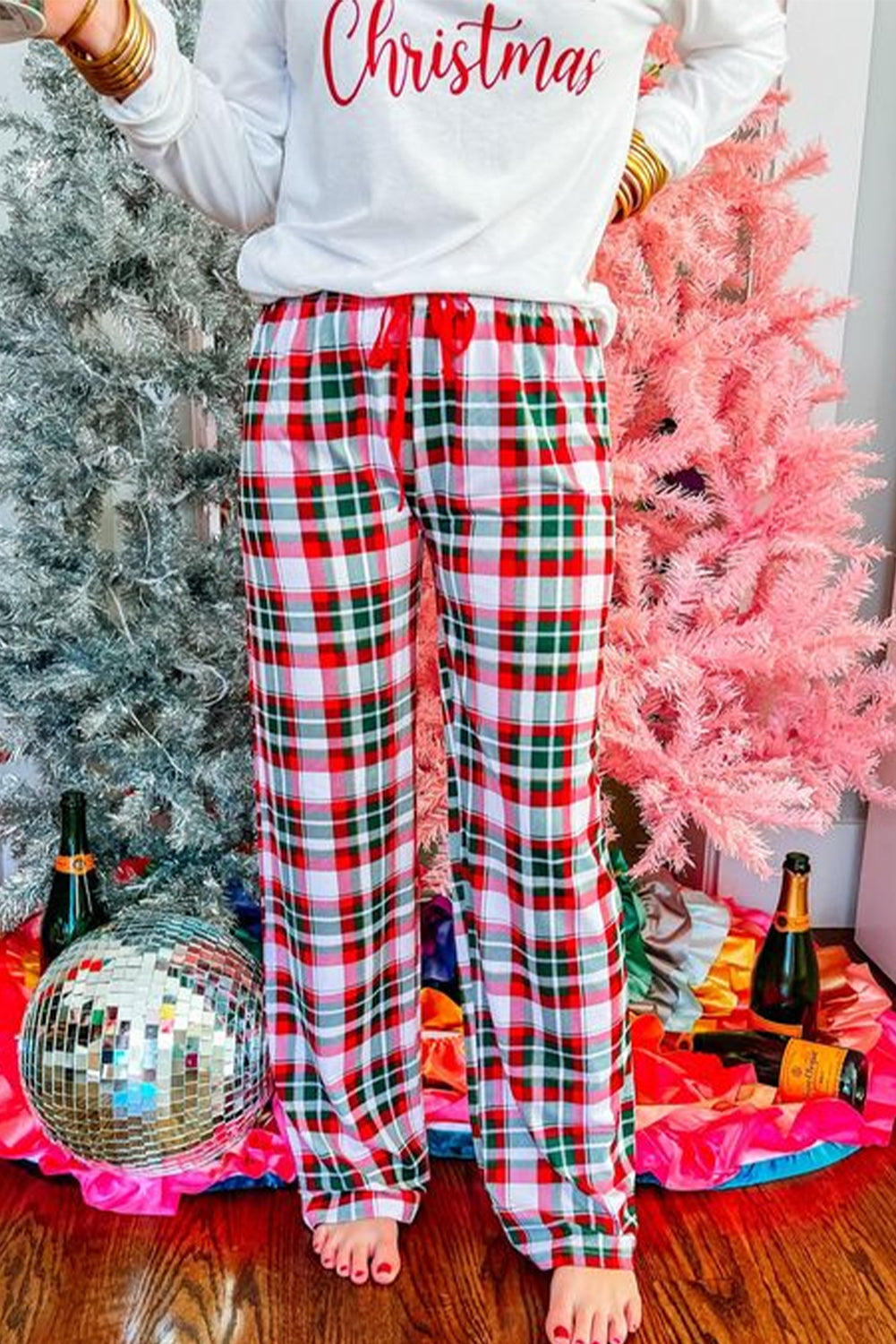 Multicolor Merry Christmas Plaid Print Two Piece Lounge Set