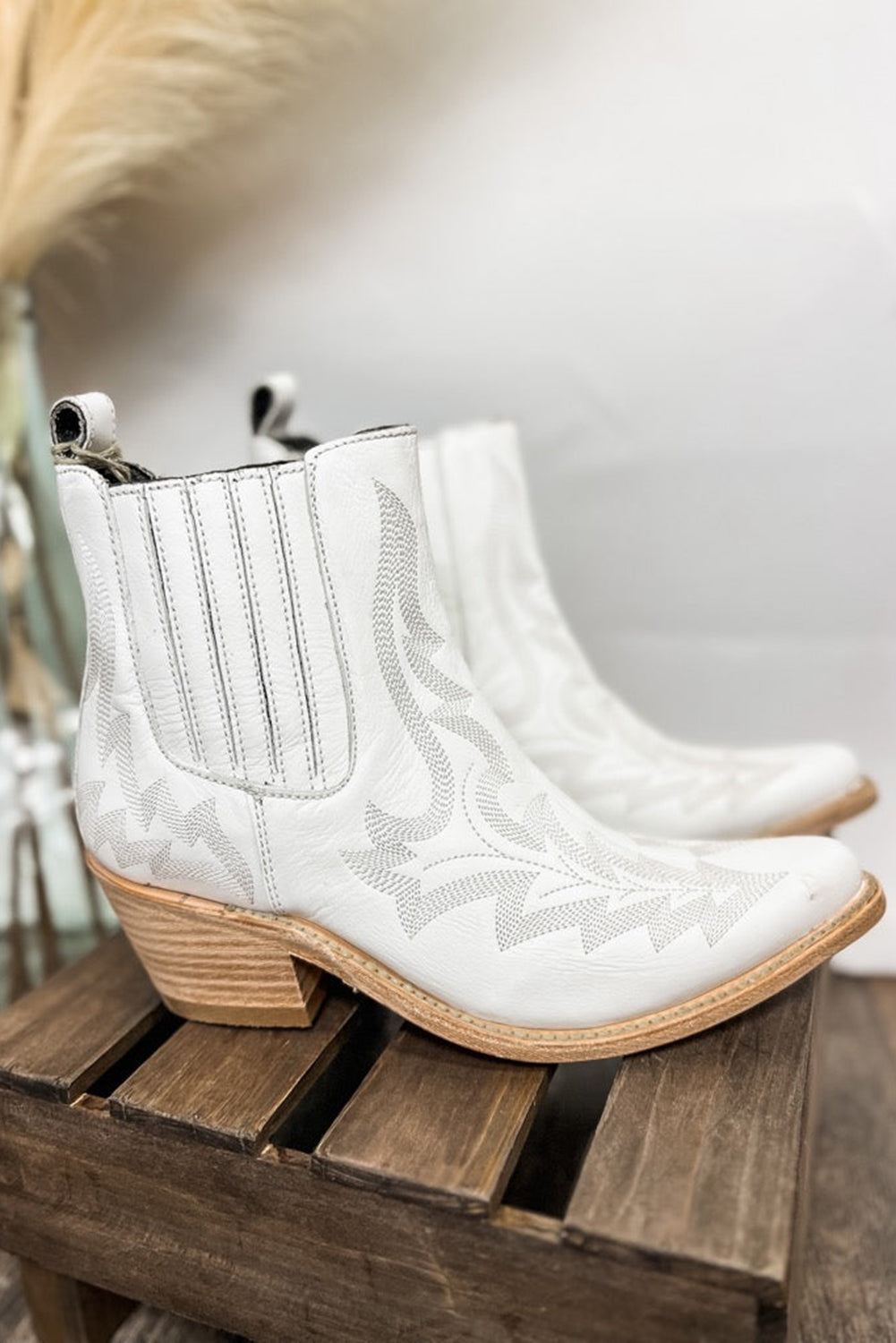 White Embroidered Leather Thick Heel Booties