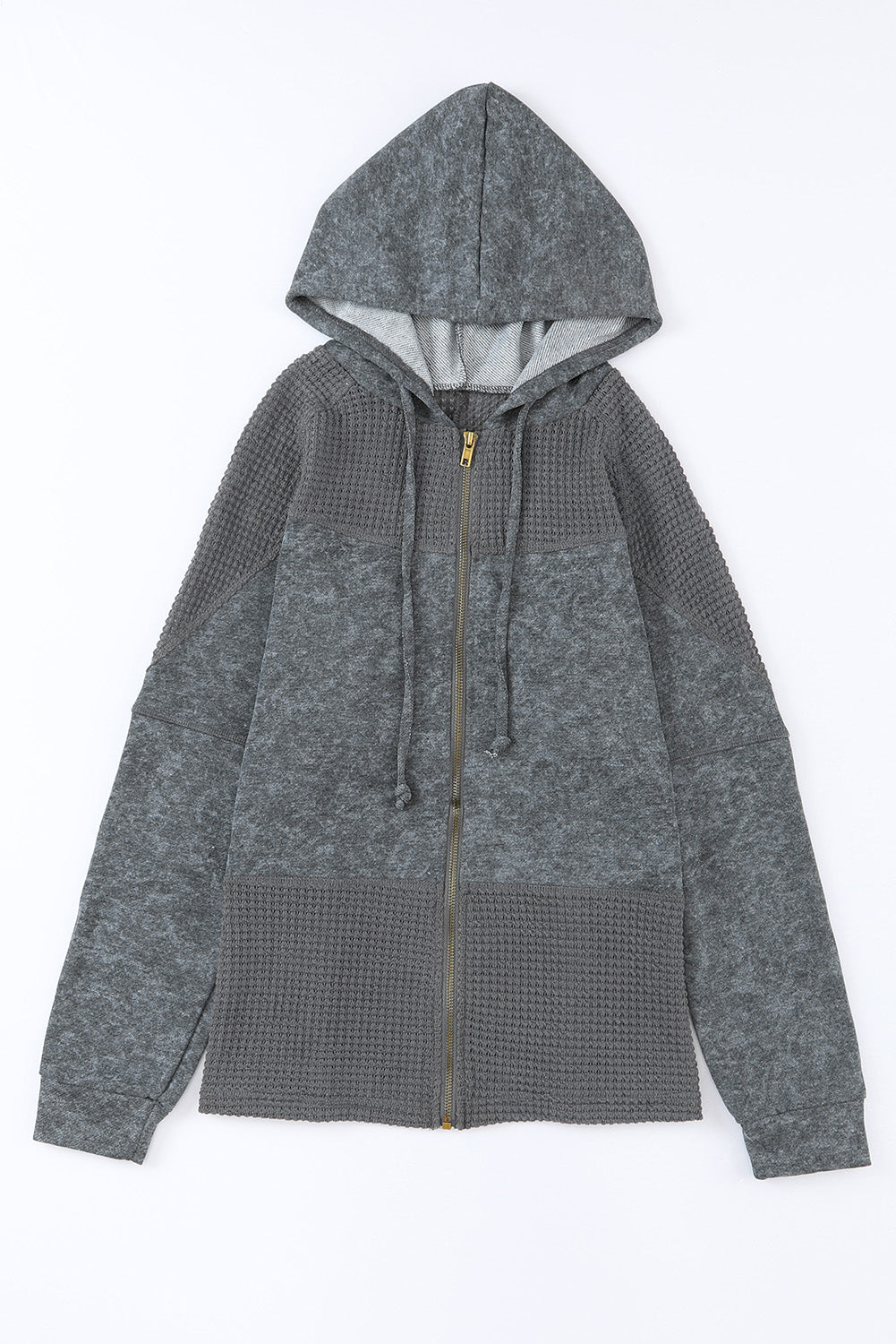 Gray Waffle Patchwork Vintage Washed Hooded Jacket