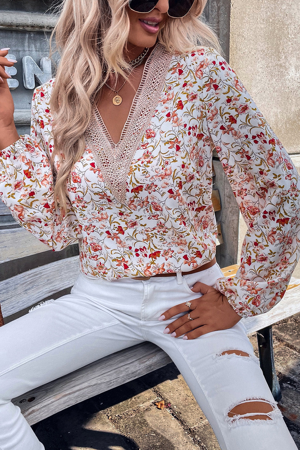 White Floral Long Sleeve Lace V-Neck Blouse