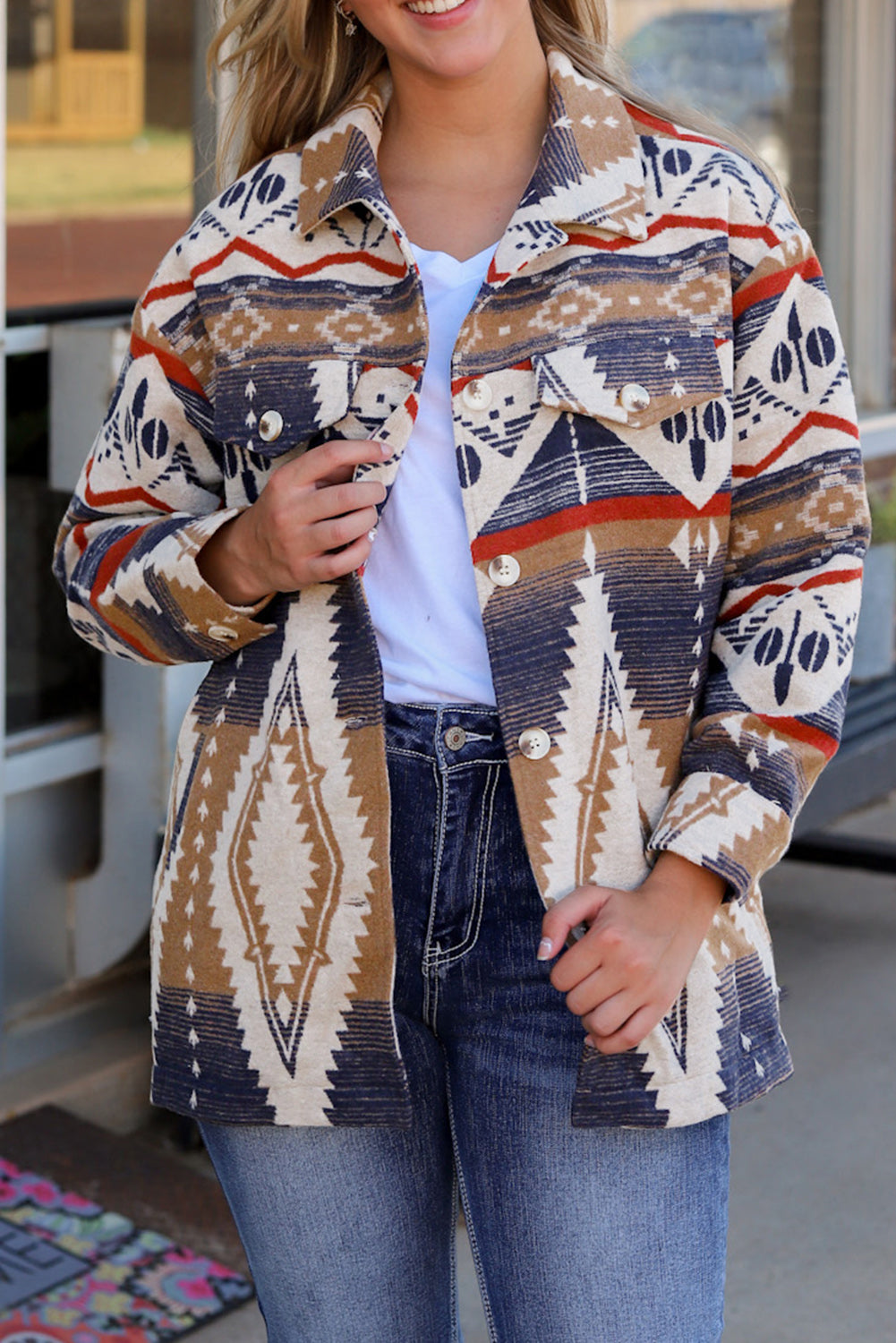 Multicolor Aztec Print Button-Up Oversized Jacket