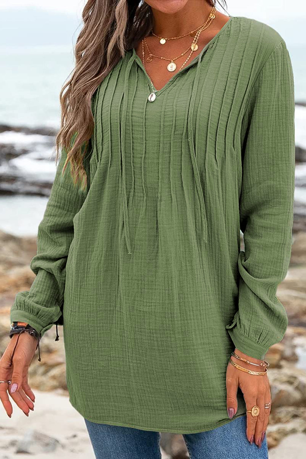 Green Casual Pleated V Neck Textured Loose Top