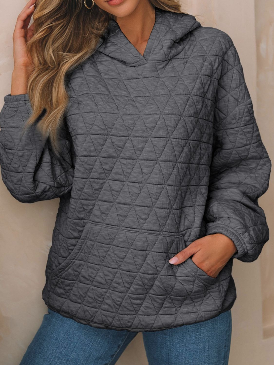 Textured Long Sleeve Hoodie with Pockets