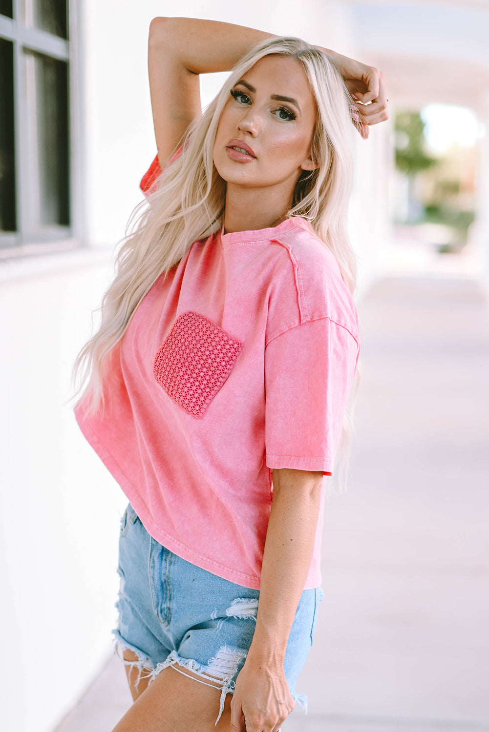 Pink Acid Wash Lace Patch Pocket T-Shirt