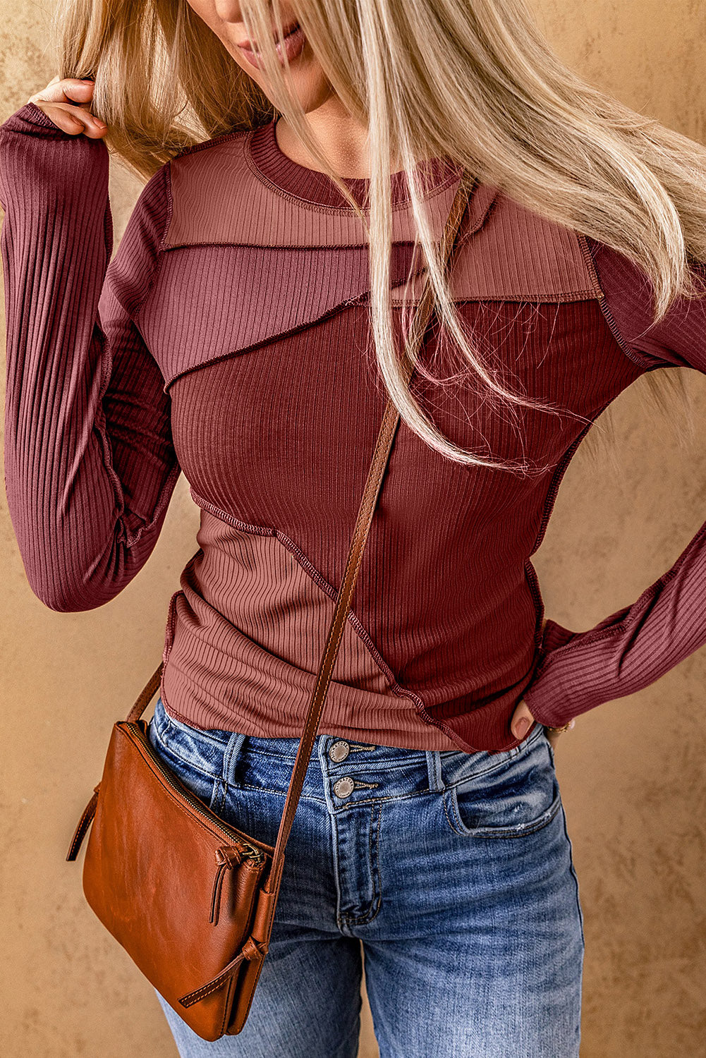 Red Exposed Seam Color Block Ribbed Knit Top