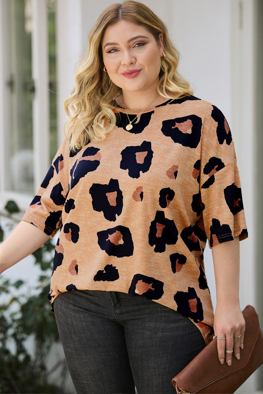 Leopard Plus Size Round Neck Boyfriend T Shirt