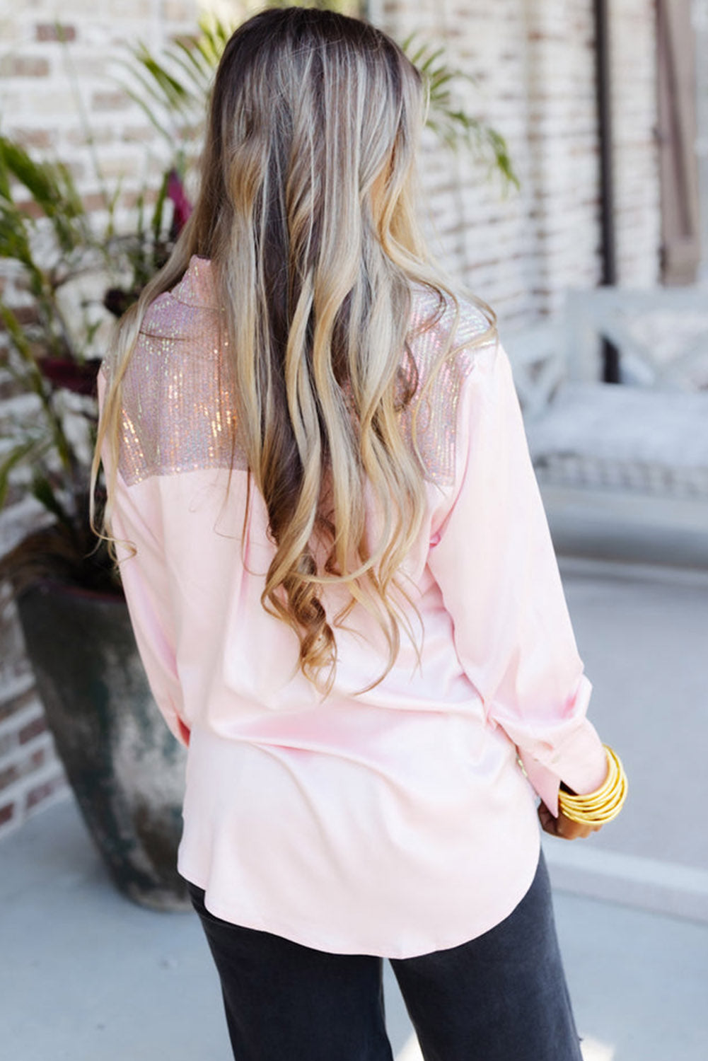 Pink Sequin Contrast Long Sleeve Shirt