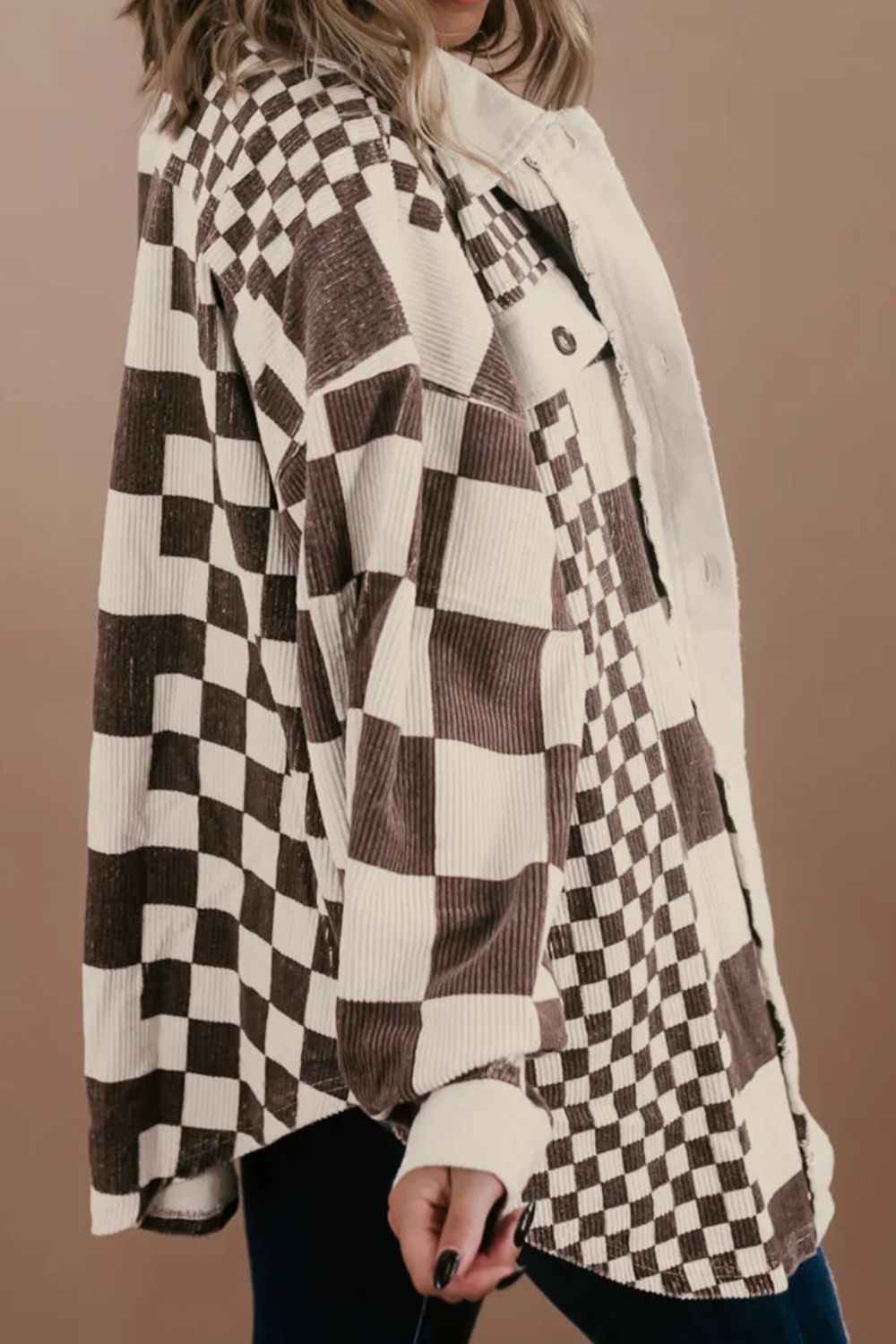 Plus Size Checkered Button Up Long Sleeve Jacket