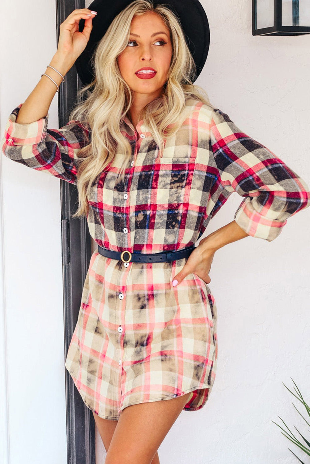 Red Gradient Plaid Print Shirt Short Dress