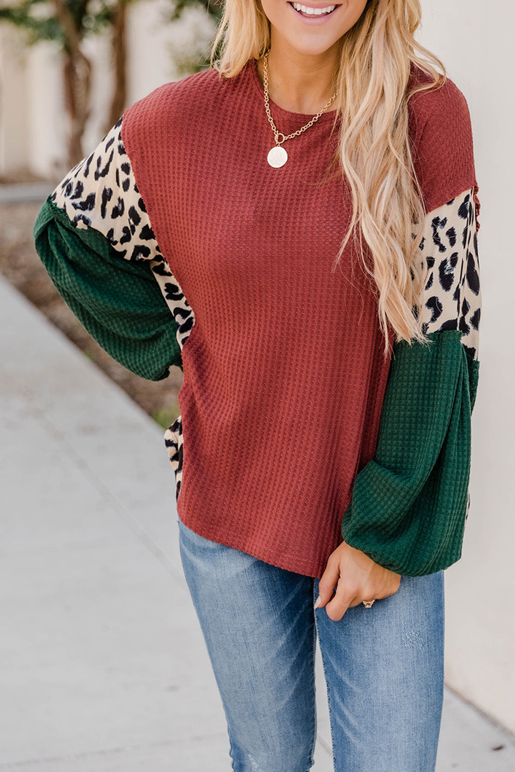 Brown Leopard Splicing Waffle Color Block Puff Sleeve Top