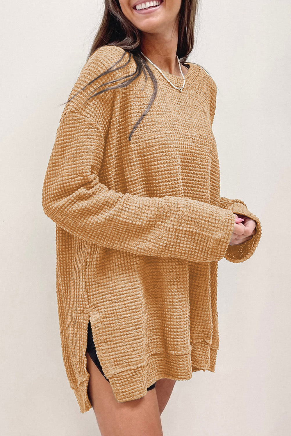 Khaki Waffle Knit High Slits Oversized Top