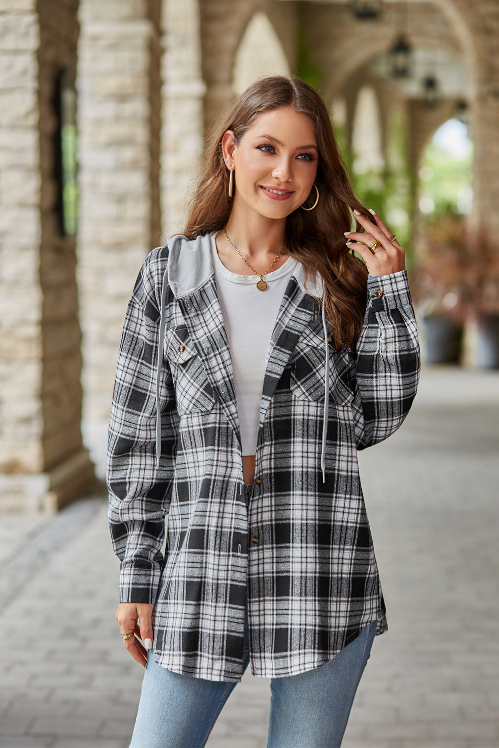 Mandy Plaid Long Sleeve Hooded Jacket