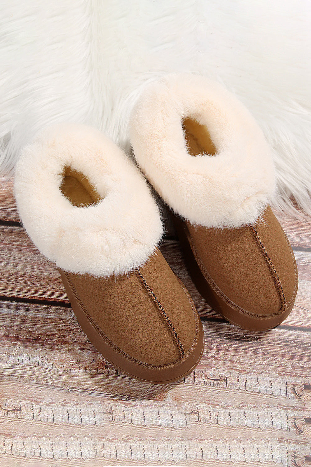 Chestnut Plush Suede Trim Thick Sole Flat Snow Boots